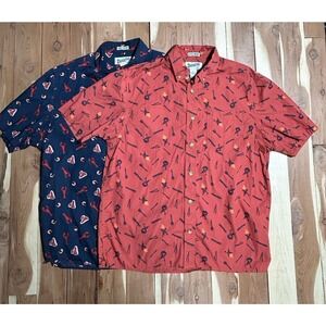 Lot Of 2 Duluth Untucked Mens Medium BBQ / Surf & Turf AOP Button Up Short Sl.